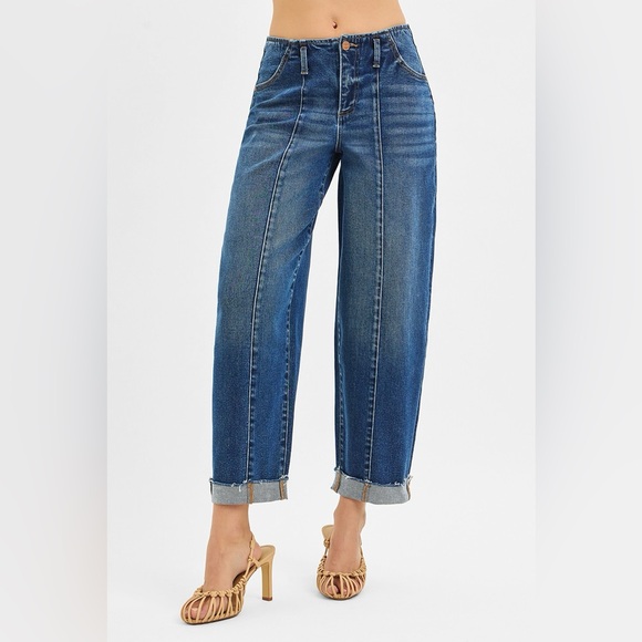 RISEN High Rise Fit Barrel Cuffed Jeans - Picture 1 of 7